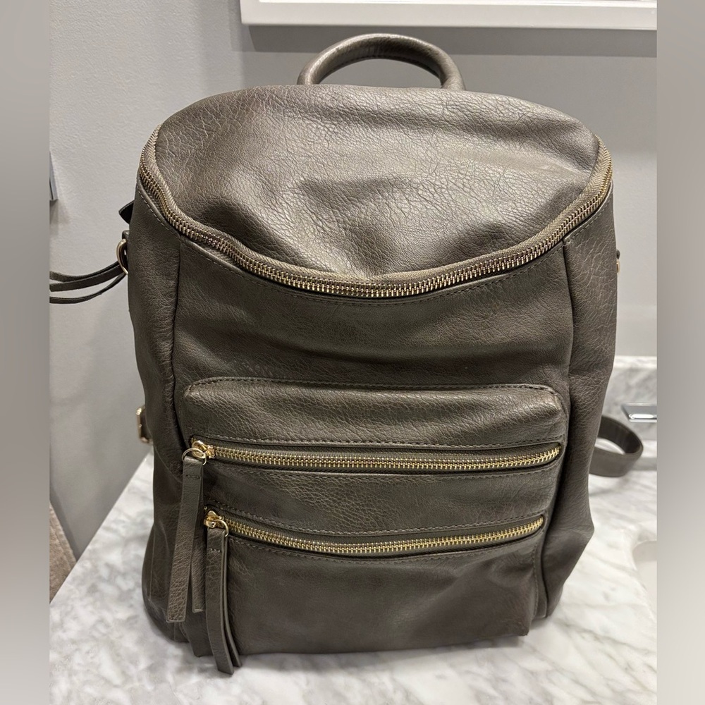 Faux Leather Backpack or Shoulder Bag Olive Green
